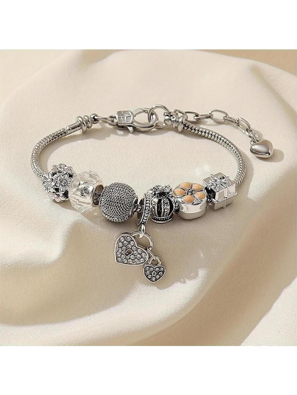 Pink heart lock - Bracelet - Silver - CZs - 6.5 - 8"